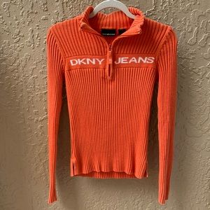 DKNY Orange Knitted Quarter Zip Pullover - Small